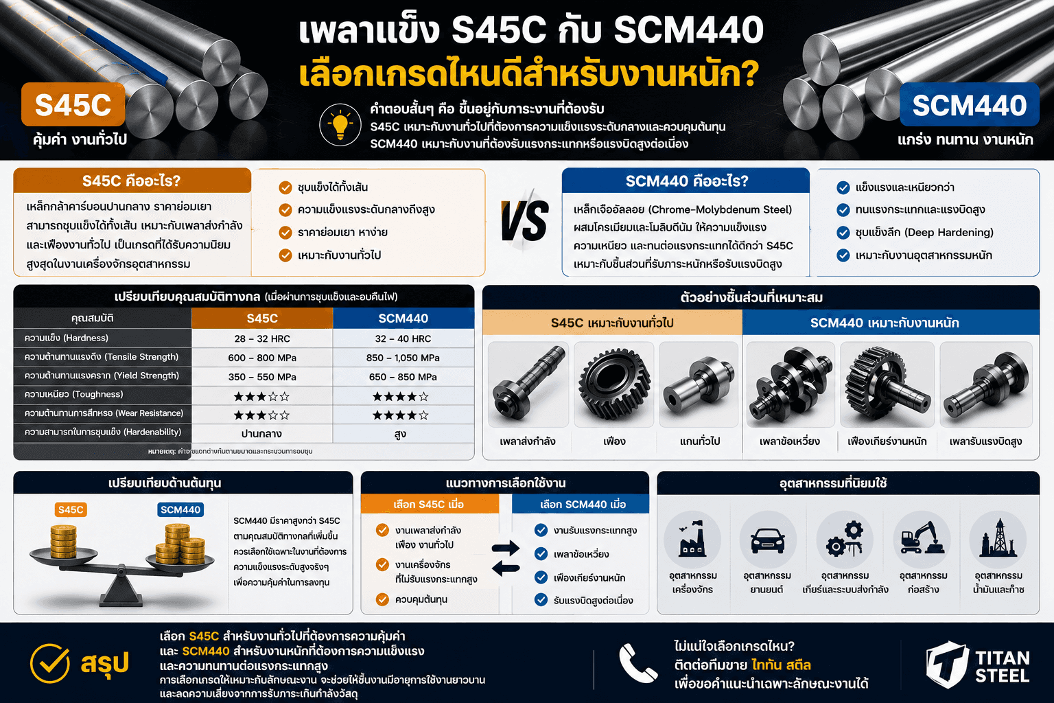 เพลาแข็ง S45C vs SCM440 เลือกเกรดไหนดีสำหรับงานหนัก?