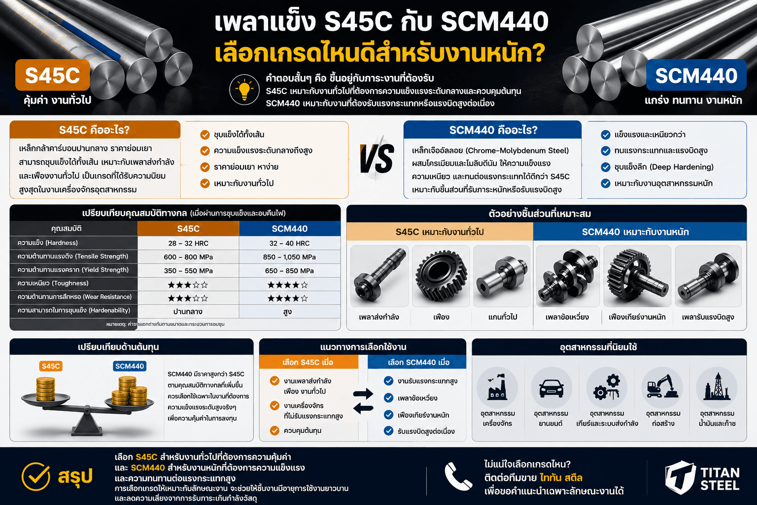 เพลาแข็ง S45C vs SCM440 เลือกเกรดไหนดีสำหรับงานหนัก?
