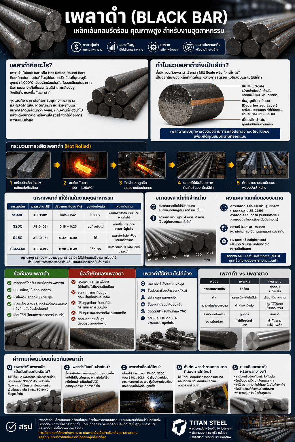 เพลาดำคืออะไร? รู้จักเหล็กเพลาดำ Hot Rolled Round Bar ตั้งแต่การผลิตถึงการใช้งาน