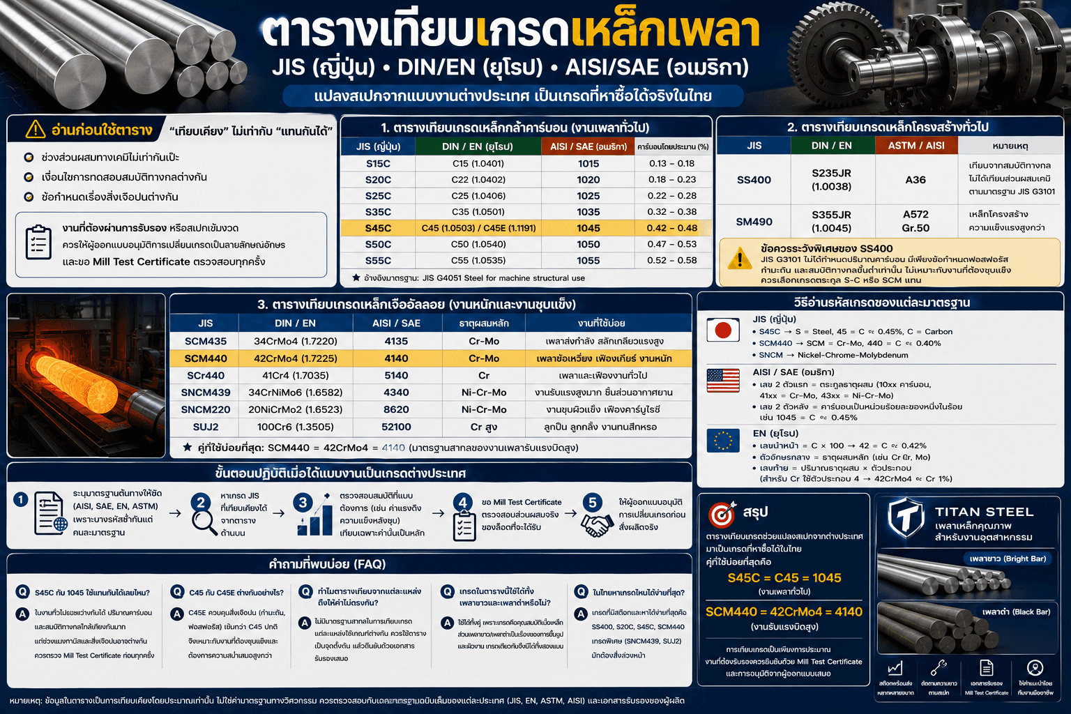 ตารางเทียบเกรดเหล็ก JIS – DIN/EN – AISI/SAE สำหรับงานเหล็กเพลา