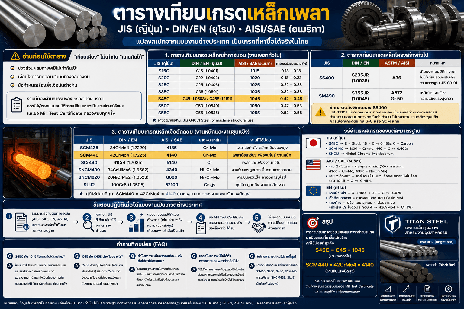 ตารางเทียบเกรดเหล็ก JIS – DIN/EN – AISI/SAE สำหรับงานเหล็กเพลา